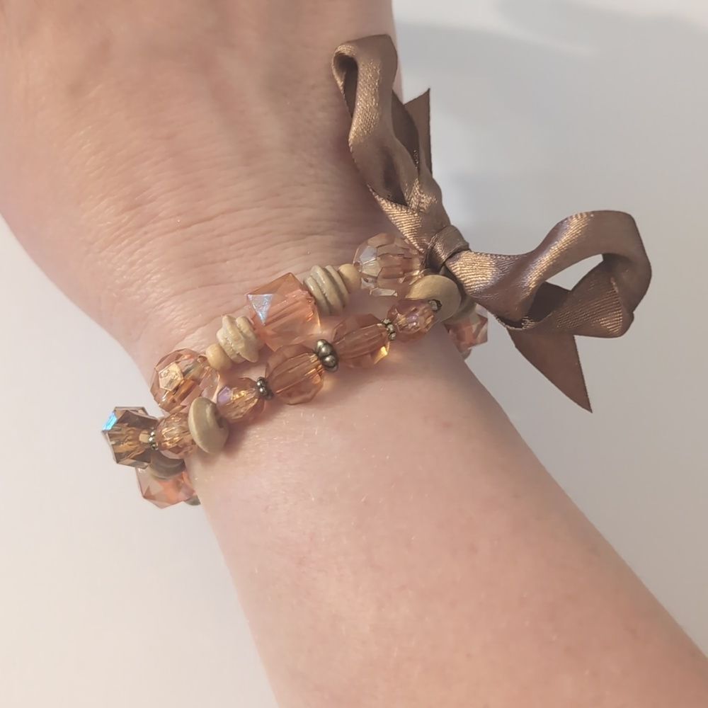 624 Double Row Tan Wood Pink/Amber Beaded Stretch Bracelet with Brown Ribbon